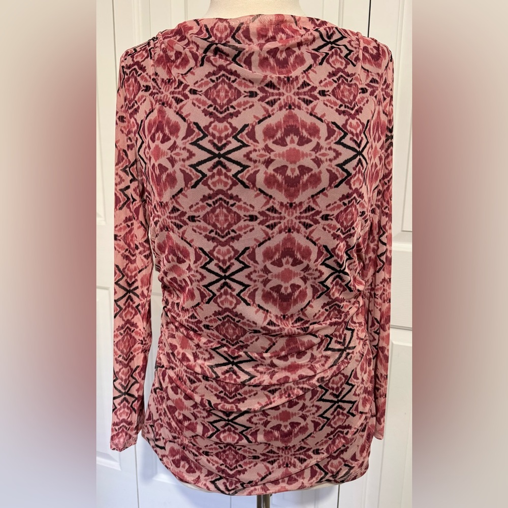 2 for $20 Counterparts Long Sleeve Mesh Top Abstract Pink Black Red Ruched SZ L